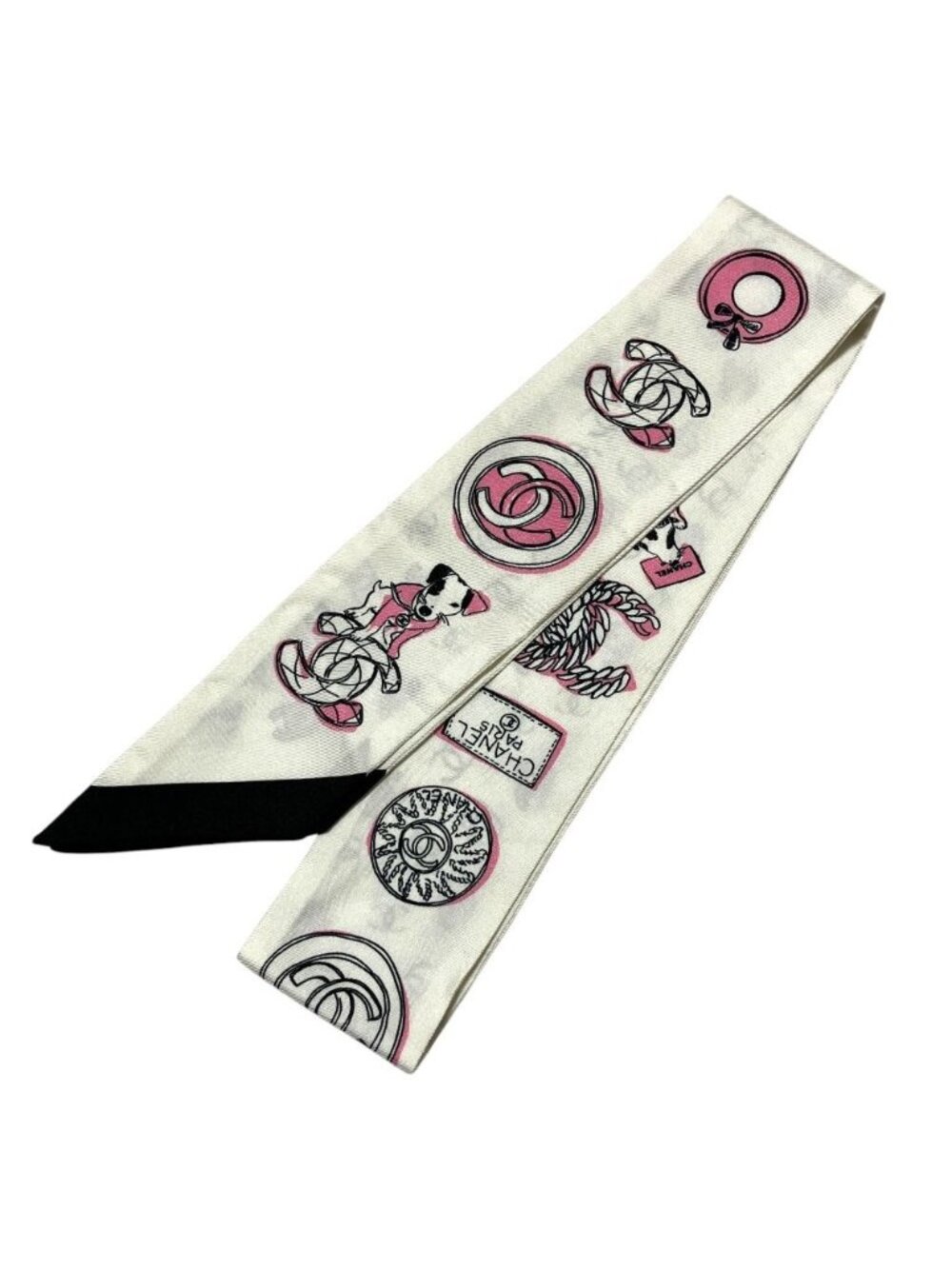 Chanel 23P CC Logo Dog Print Silk Scarf White Pink Black